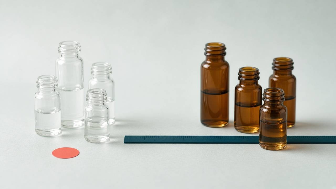 Unlabeled clear glass vials on one side and unlabeled amber vials on the other, split by a teal ruler