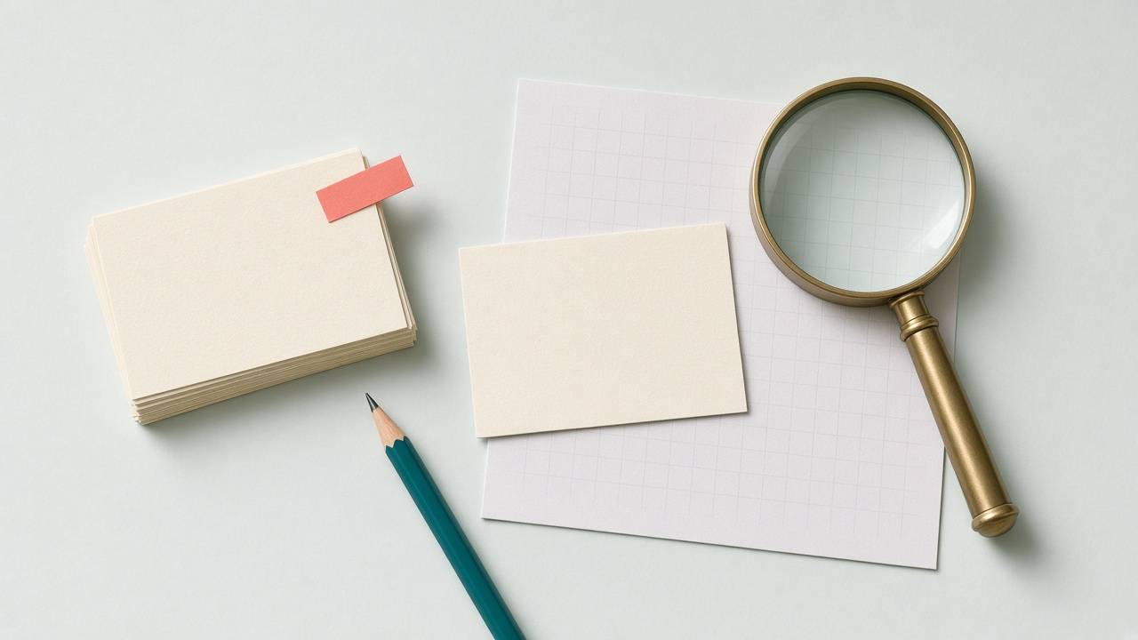 Blank index cards with a coral tab, a teal pencil and a brass magnifying glass on grid paper