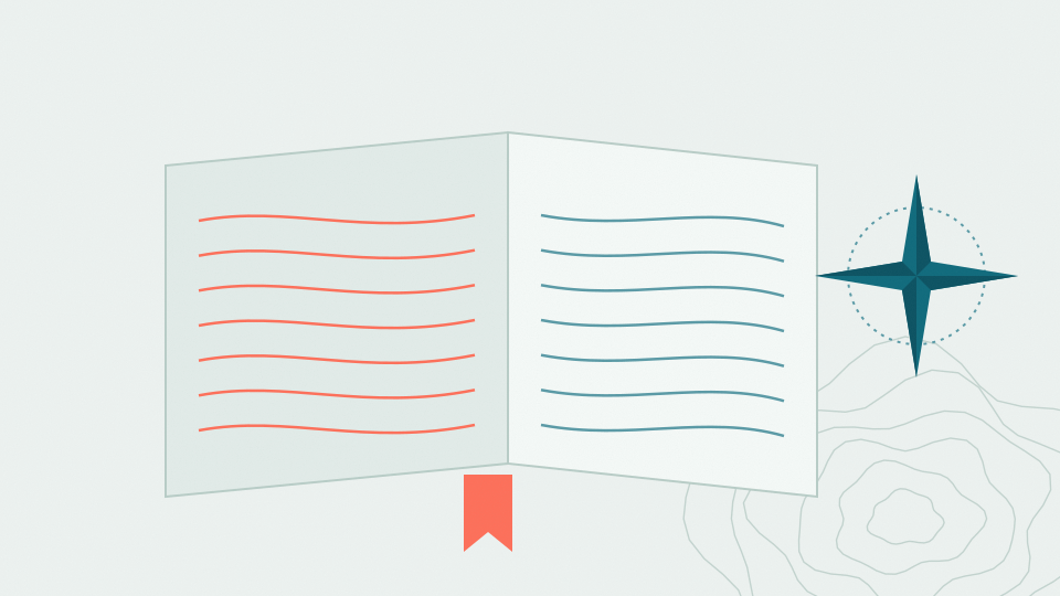Illustration: an open field guide with contour-line pages beside a compass rose