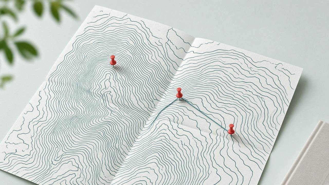 A paper contour map on a pale desk with three coral pins, two joined by a teal thread