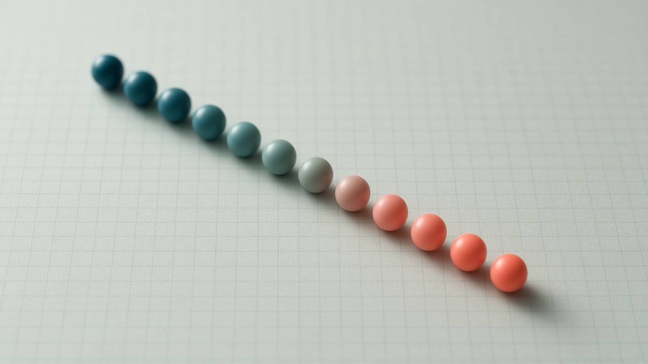 A row of small spheres on graph paper fading from teal to coral along a descending line