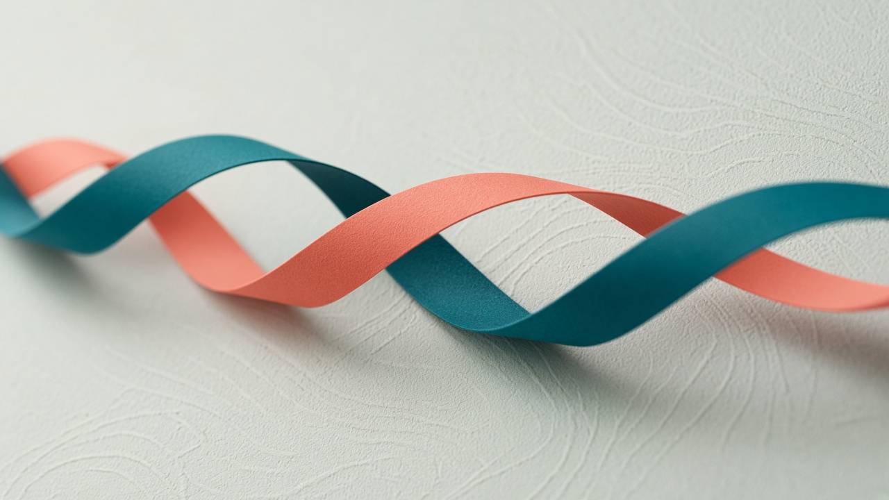Two paper ribbons, one teal and one coral, twisting together across textured paper