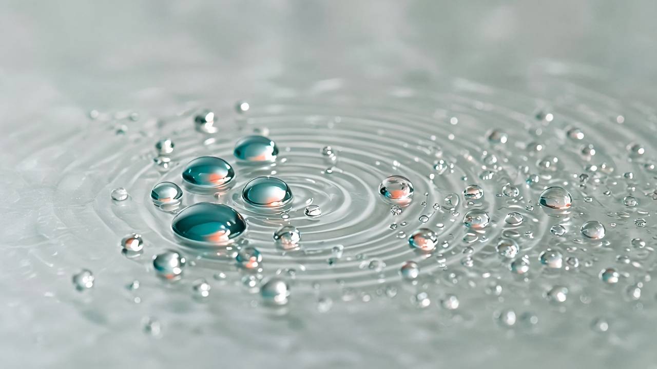 Water droplets and rings of ripples on pale glass, catching teal and coral light