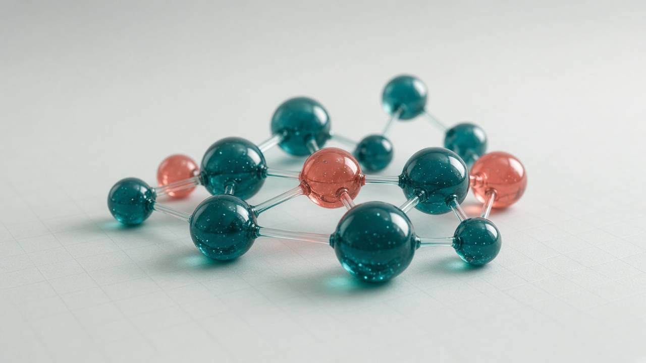 Teal and coral glass molecular-model spheres joined by clear rods on grid paper