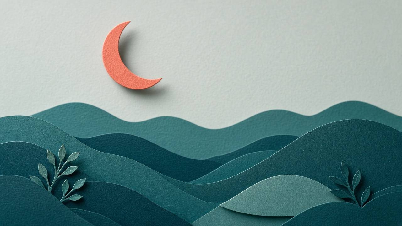 Cut-paper teal hills under a small coral paper crescent moon