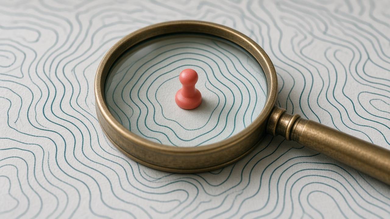 A brass magnifying glass enlarging a single coral pin on a contour-line map