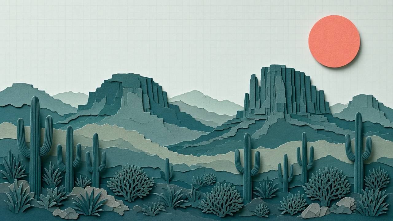 Cut-paper Sonoran desert with mesas and saguaro cacti under a coral sun
