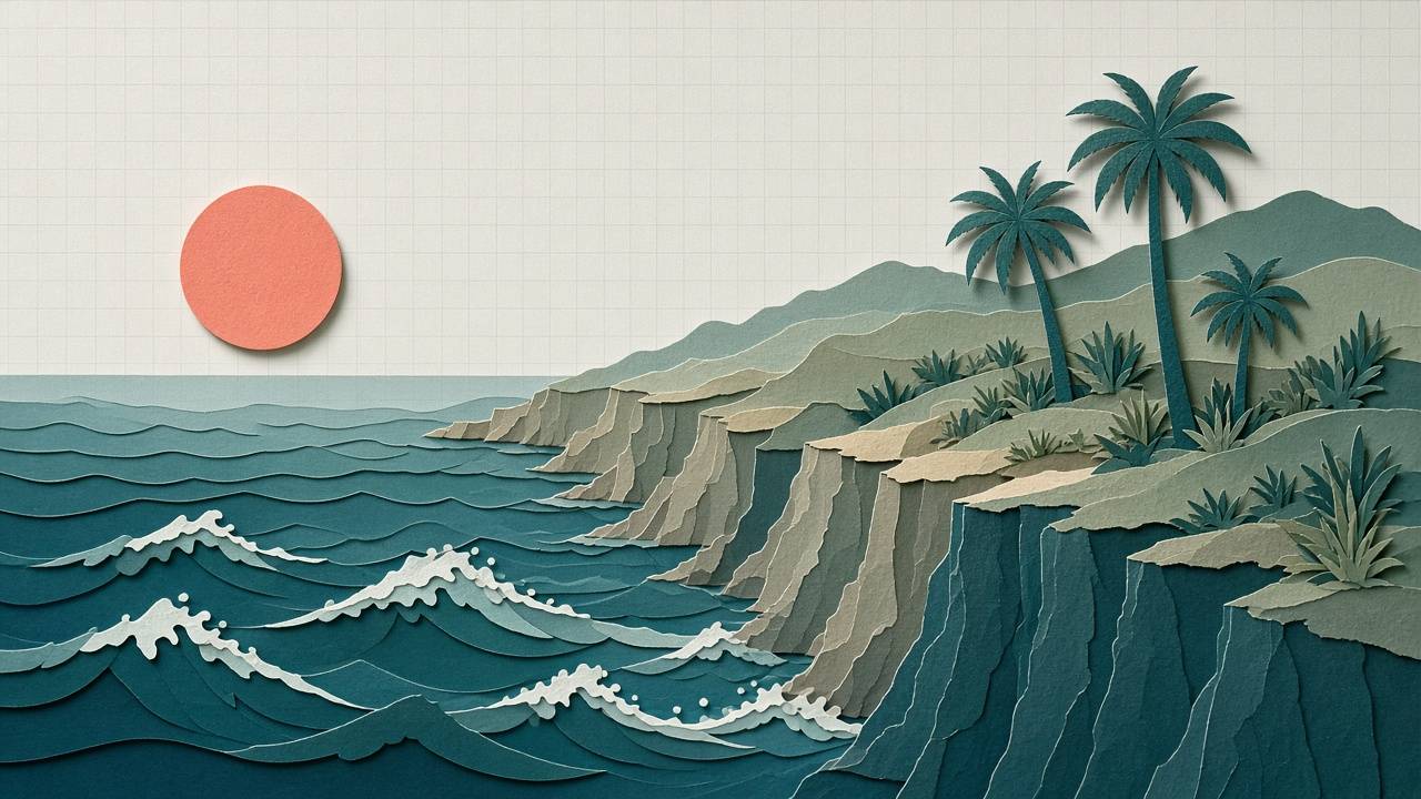 Cut-paper California coastline with cliffs, palms and breaking waves under a coral sun