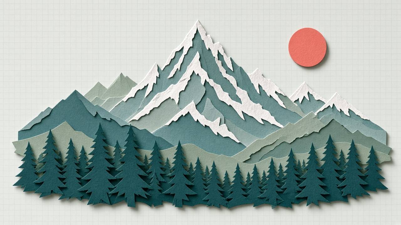 Cut-paper Rocky Mountain peaks with snowcaps and pine forest under a coral sun