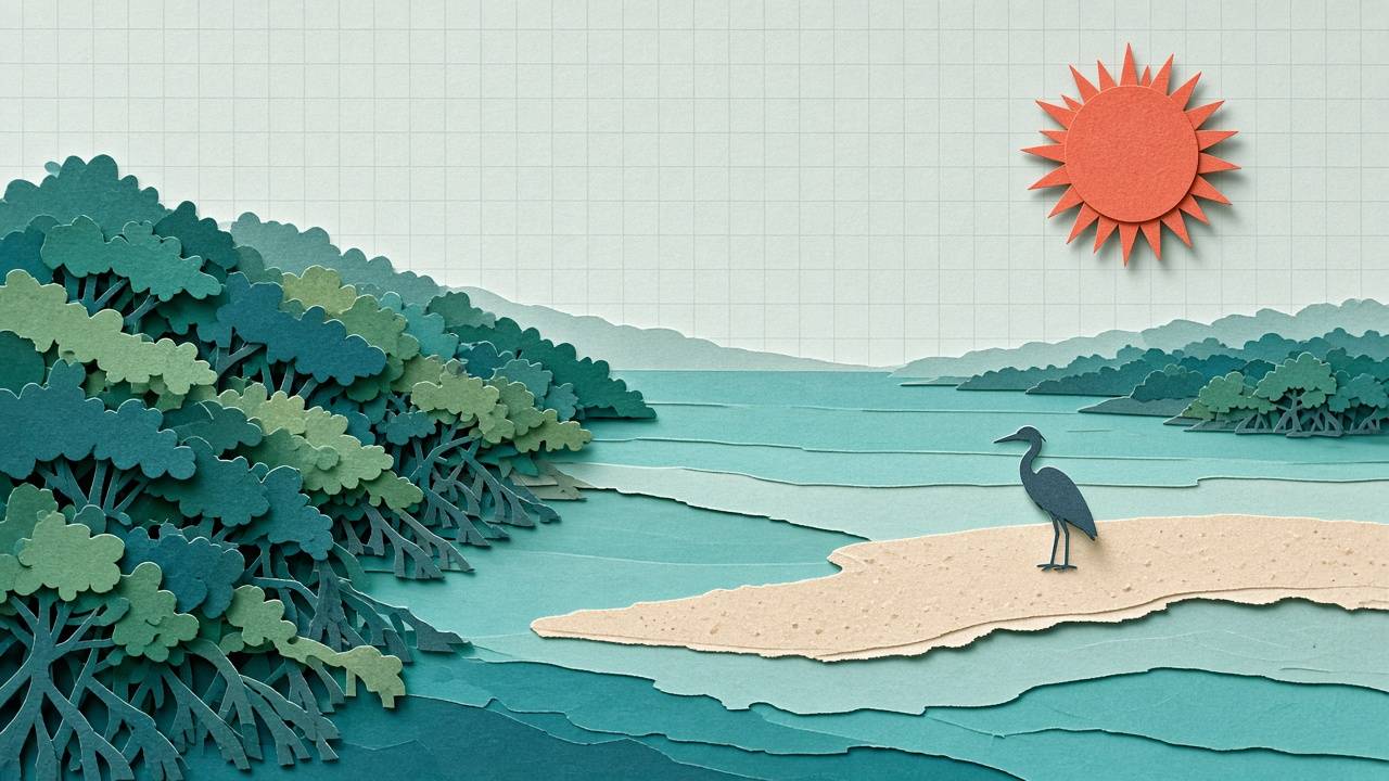 Cut-paper Florida mangroves and a sandbar with a heron under a coral sun