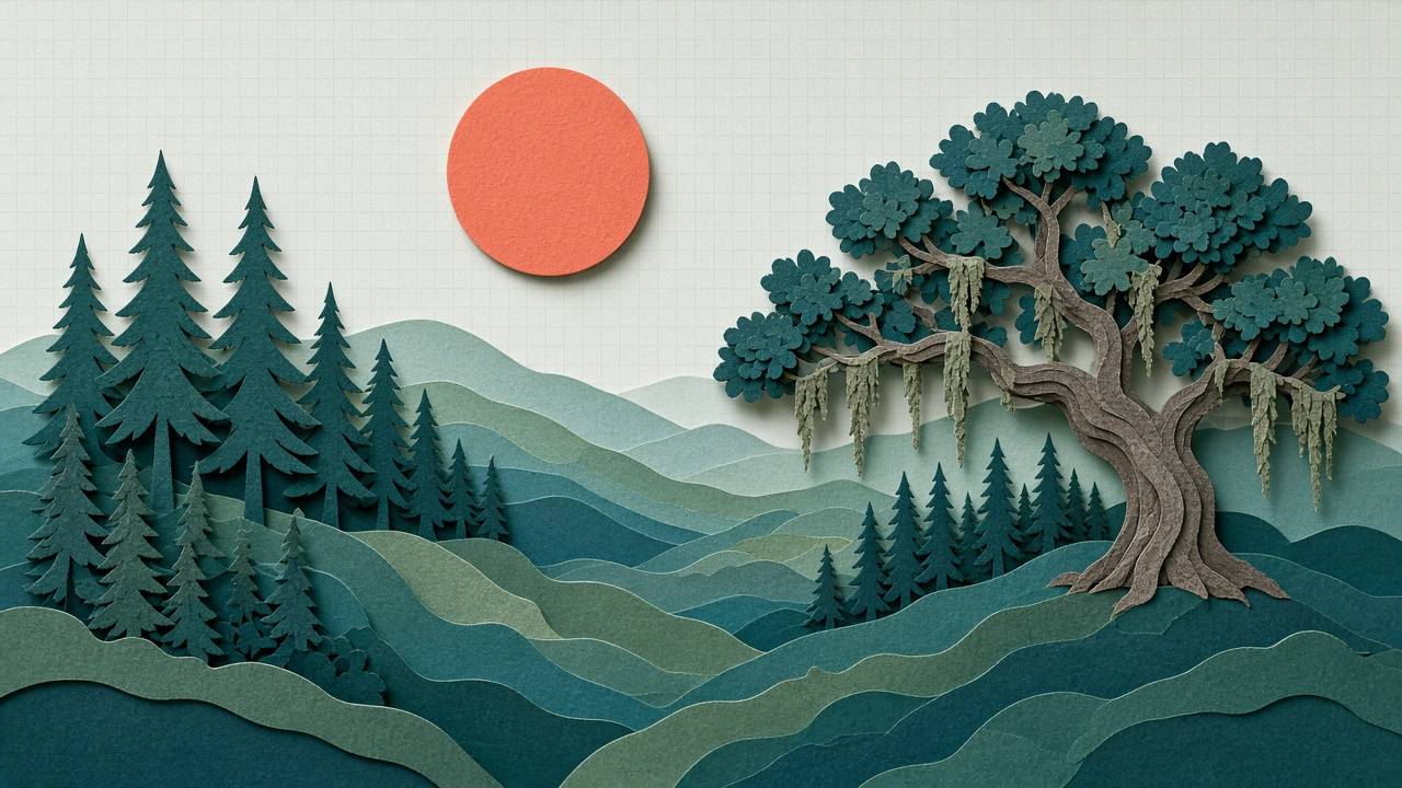 Cut-paper Georgia hills with tall pines and a moss-draped live oak under a coral sun