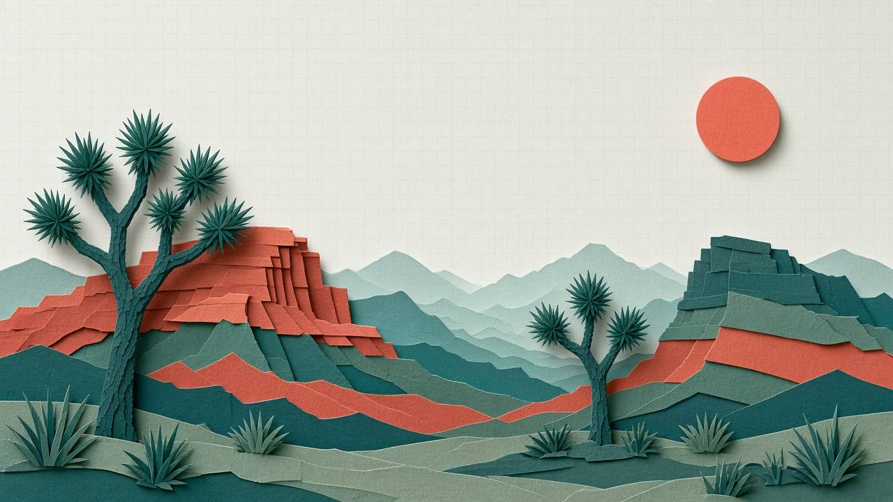 Cut-paper Nevada desert with layered red rock and Joshua trees under a coral sun