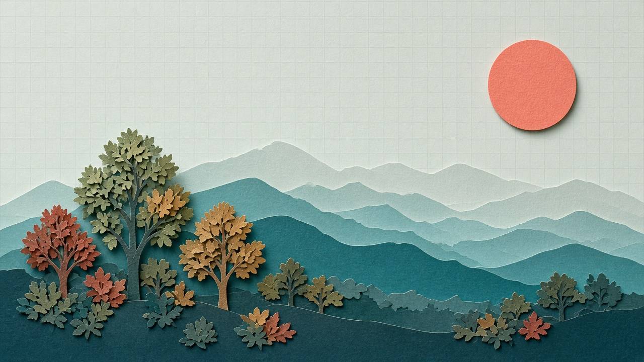 Cut-paper Blue Ridge ridgelines fading into mist behind autumn trees under a coral sun