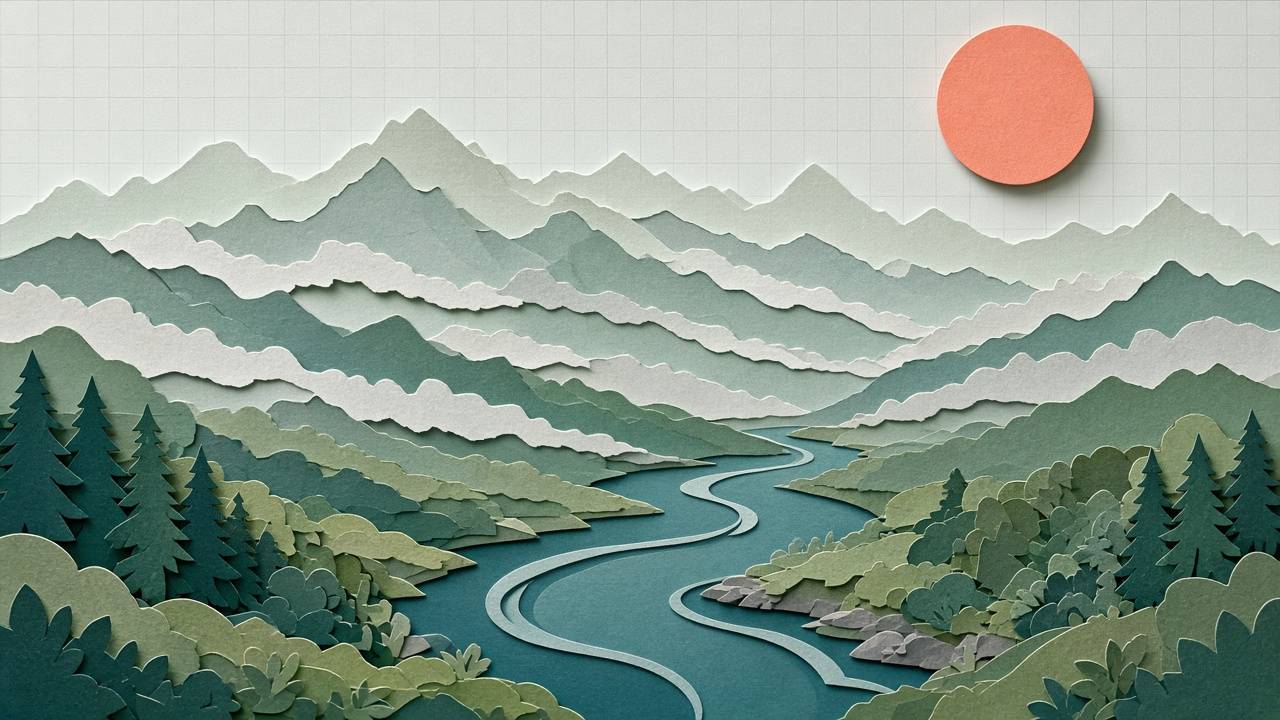Cut-paper Great Smoky Mountains with mist bands and a winding river under a coral sun