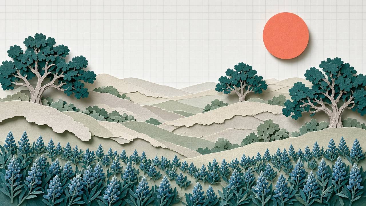 Cut-paper Texas Hill Country with live oaks and a field of bluebonnets under a coral sun