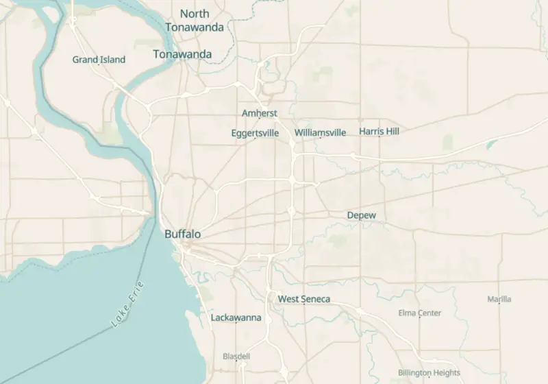 Map showing EHC Buffalo in Buffalo, NY and nearby listed clinics
