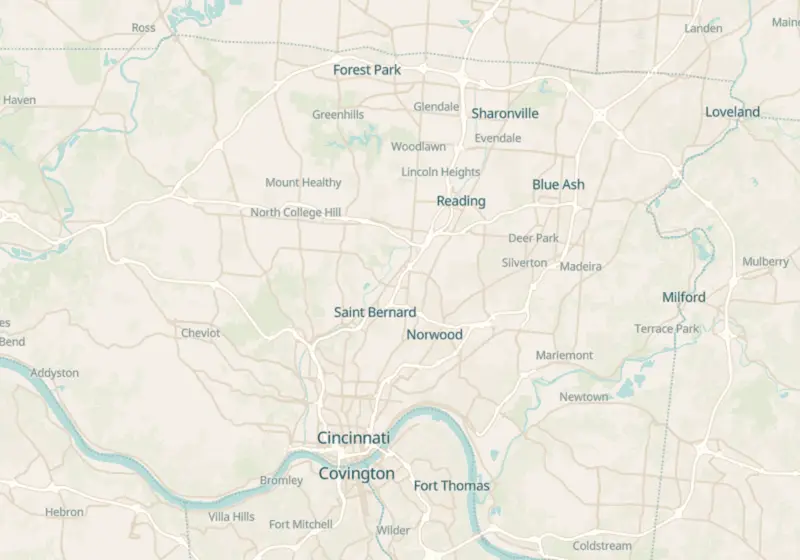 Map of Cincinnati, OH with 12 verified clinic locations
