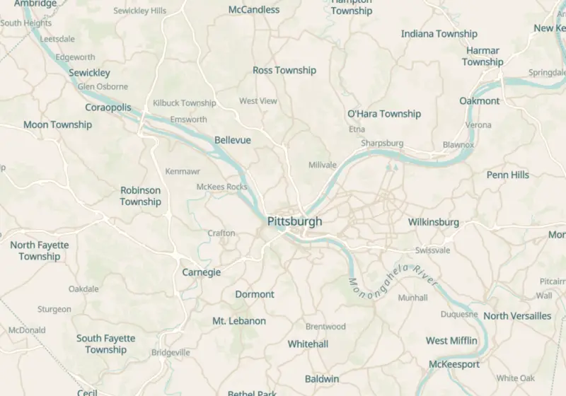 Map of Pittsburgh, PA with 19 verified clinic locations