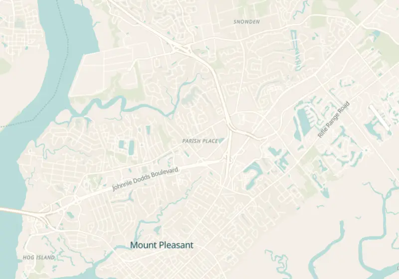 Map showing Solcara Health in Mt Pleasant, SC and nearby listed clinics