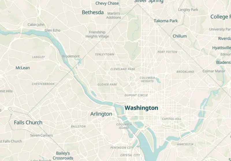 Map of District of Columbia metro areas with verified clinic locations